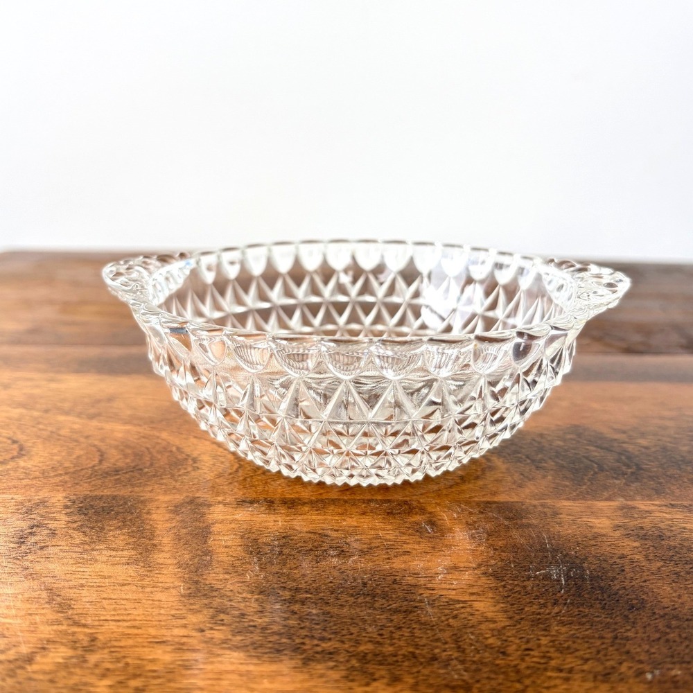 Vintage Clear Pressed Glass Diamond Point Starburst Candy Dish with Handles 5in